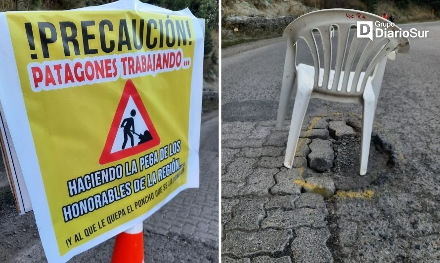 Patagones trabajando...vecinos se cansaron de esperar y tapan hoyo en ruta de Coyhaique