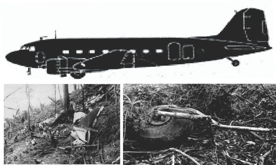Arriba la imagen boceteada del C-47 de la Fach que cayó en Cerro Pérez, así como parte de sus restos (Fotos Archivos Grupo NLDA Redes)